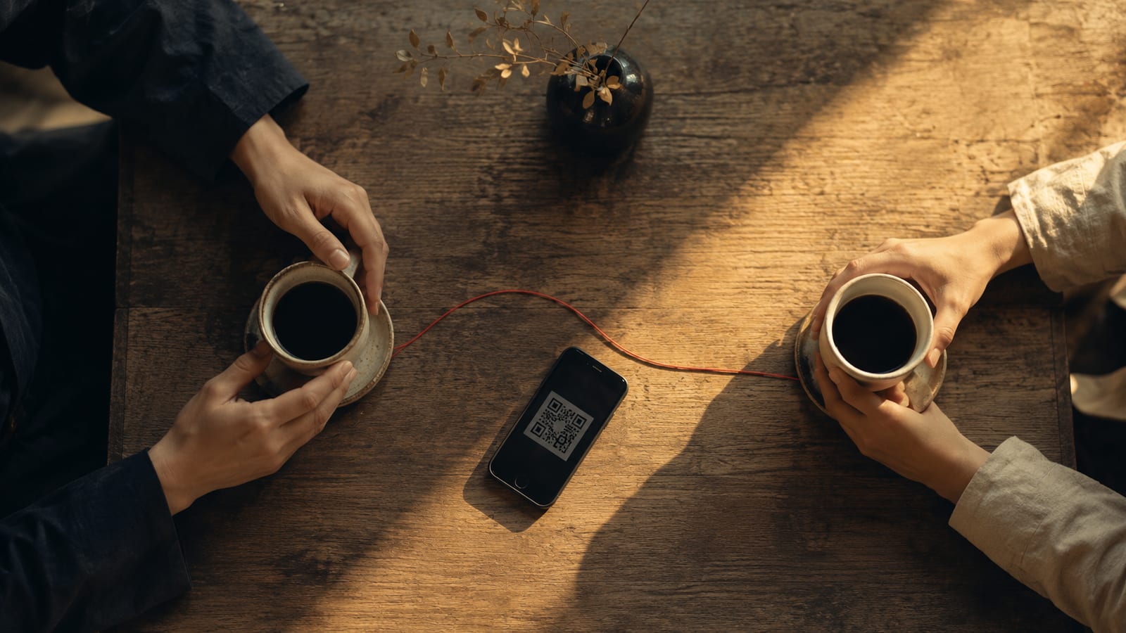 カフェの机で向かい合う二人のコーヒーと、QR コードを表示したスマートフォン、二人をつなぐ赤い糸