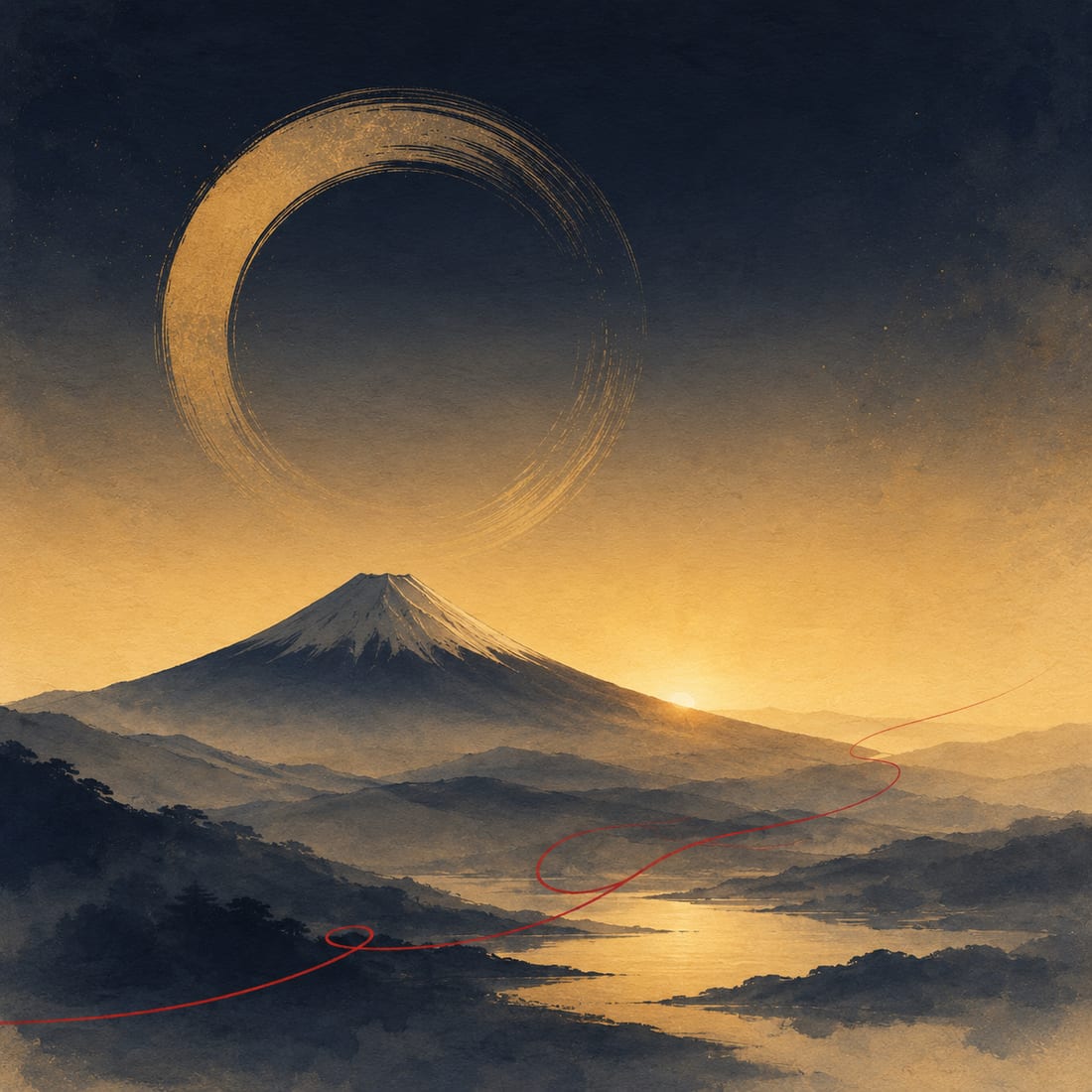 夜明けの富士山と円相、縁を結ぶ赤い糸