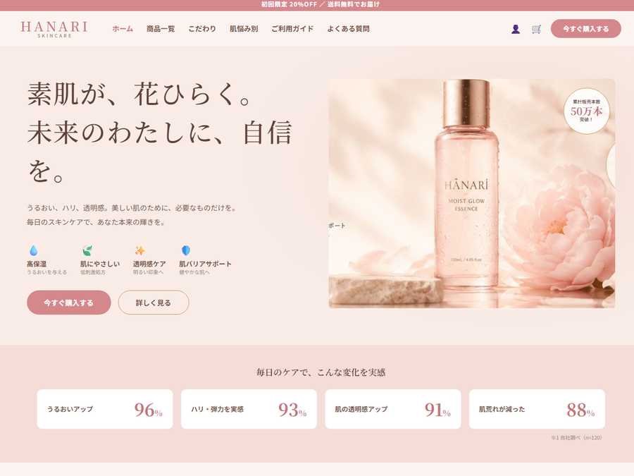 架空のコスメブランド「HANARI」の作例ページ